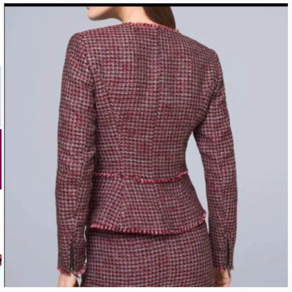 White House Black Market Tweed Plaid Tweed Fringe Metallic Jacket Size 4 - Picture 2 of 10
